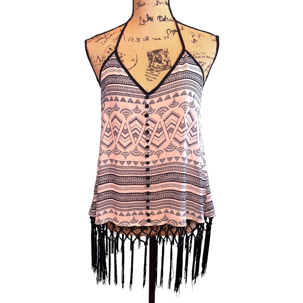 Double Zero Black White Geometric Tribal Halter Top Macrame Fringe Small